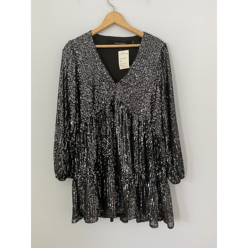 NWT Code x Mode Womens Size Small Black Sequin V-Neck Party Dress Long Sleeve